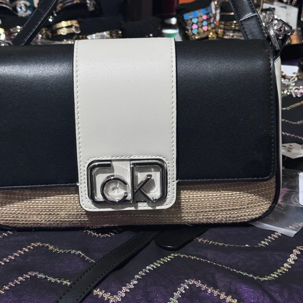 Calvin Klein Black, White, and Tan Crossbody Bag